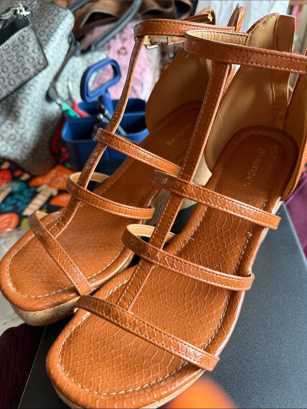 Maurices Tan Strappy T‑Bar Wedge Sandals